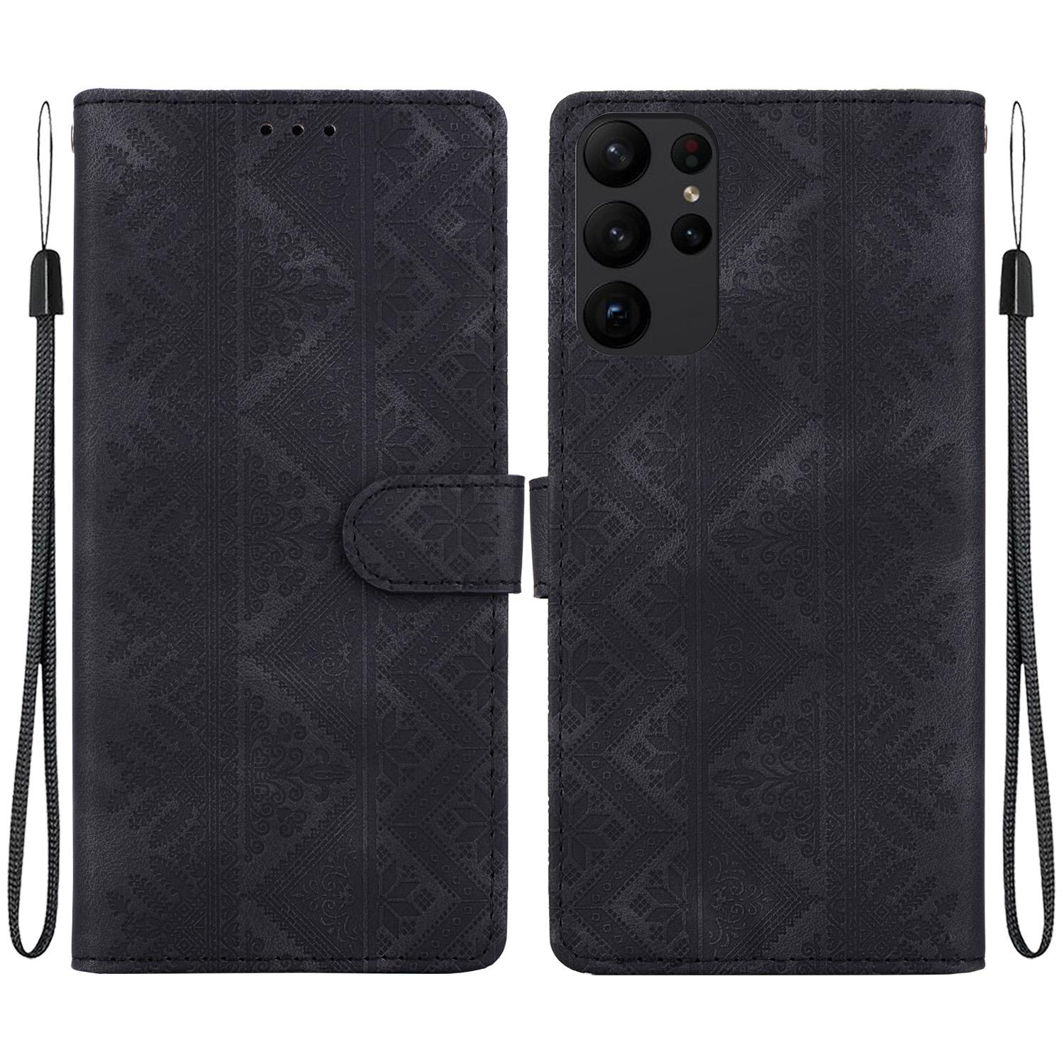 For Galaxy S23 Ultra 5G Ethnic Pattern Embossed Vegan Leather Phone Case(Black) - Shopkiz.com
