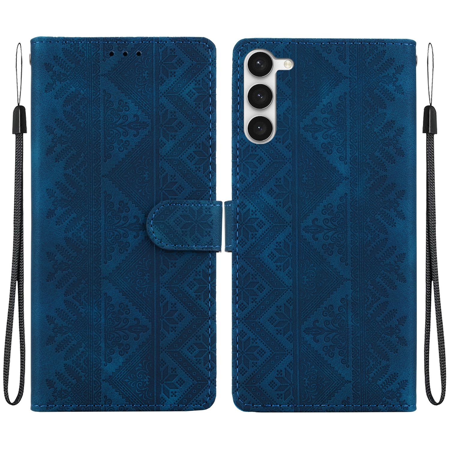 For Galaxy S23+ 5G Ethnic Pattern Embossed Vegan Leather Phone Case(Dark Blue) - Shopkiz.com