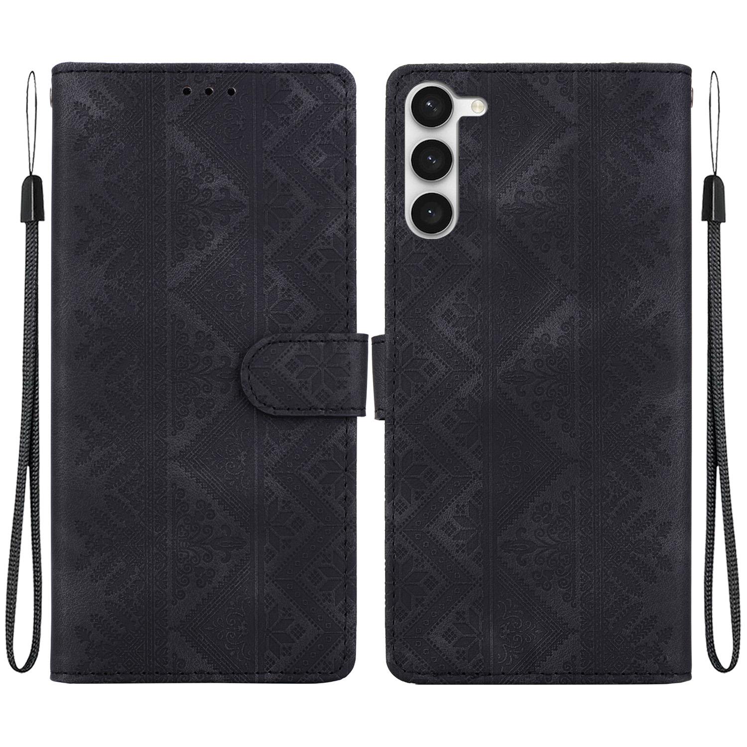 For Galaxy S23+ 5G Ethnic Pattern Embossed Vegan Leather Phone Case(Black) - Shopkiz.com
