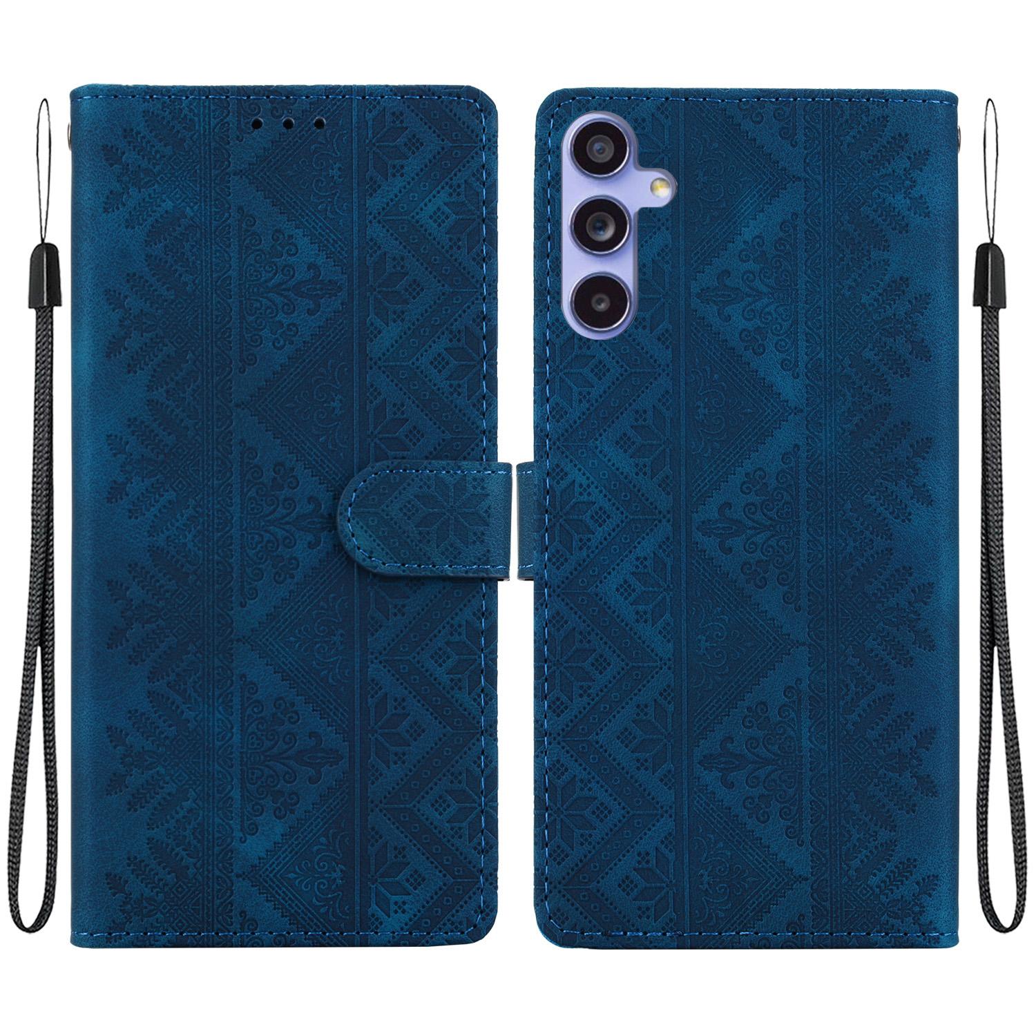 For Galaxy S23 FE 5G Ethnic Pattern Embossed Vegan Leather Phone Case(Dark Blue) - Shopkiz.com