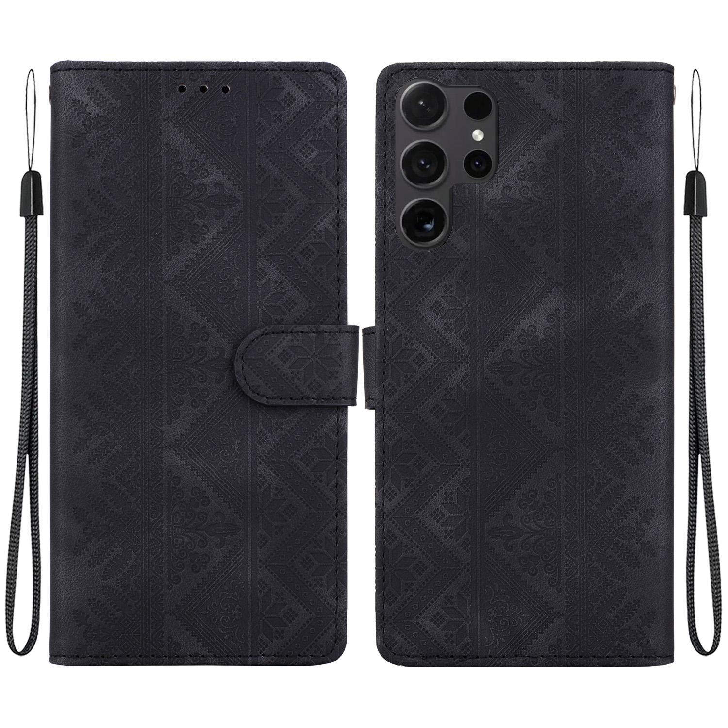For Galaxy S22 Ultra 5G Ethnic Pattern Embossed Vegan Leather Phone Case(Black) - Shopkiz.com