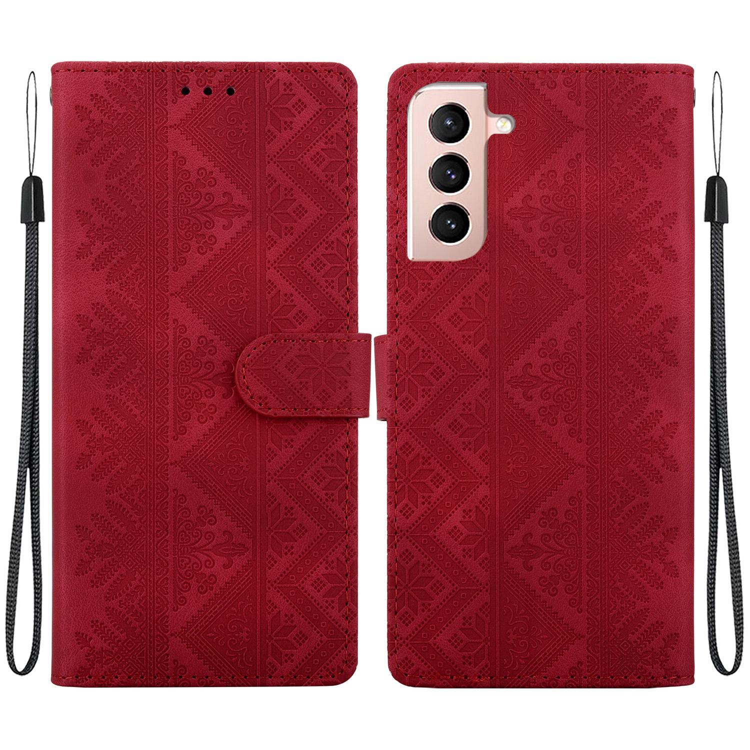 For Galaxy S22+ 5G Ethnic Pattern Embossed Vegan Leather Phone Case(Red) - Shopkiz.com