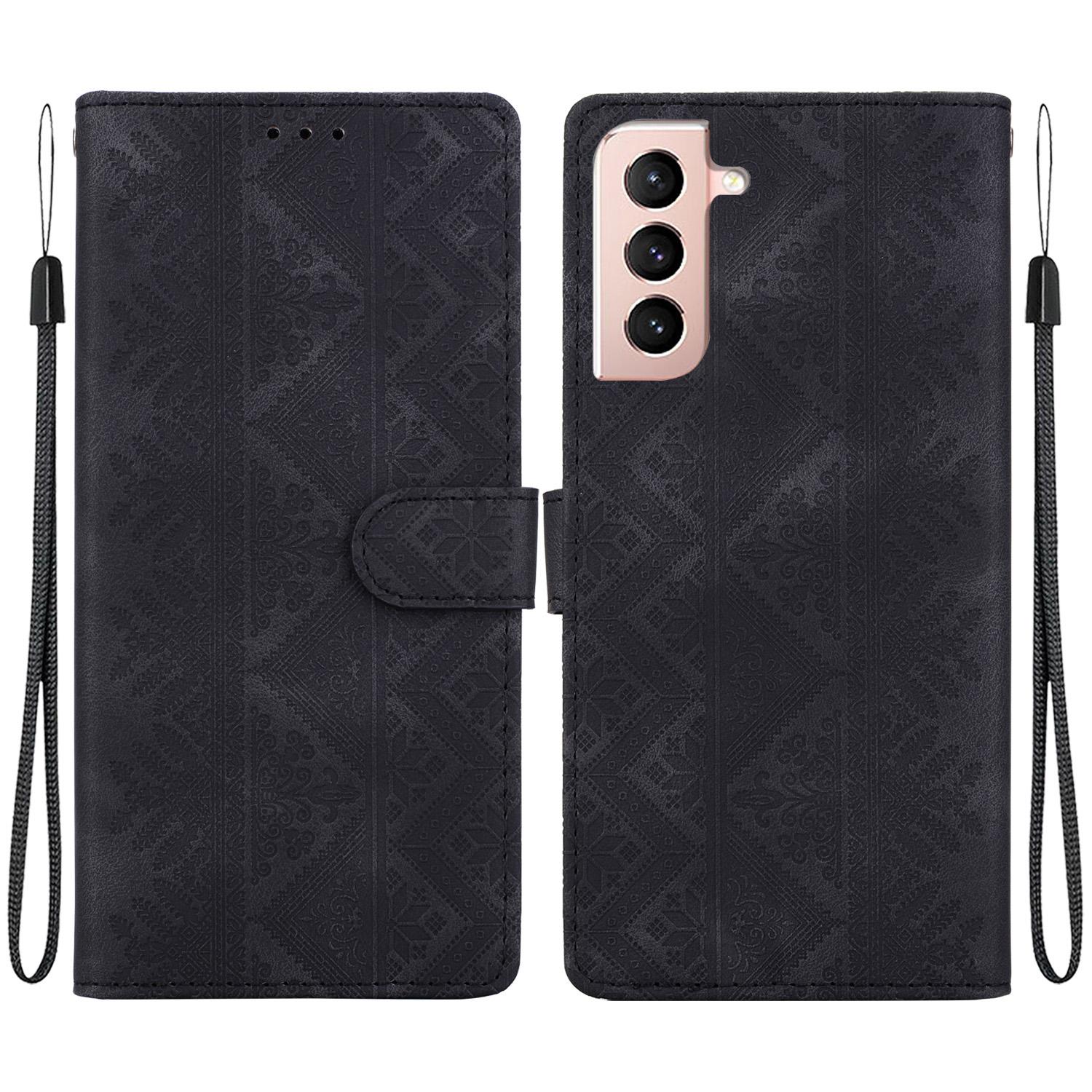 For Galaxy S22+ 5G Ethnic Pattern Embossed Vegan Leather Phone Case(Black) - Shopkiz.com