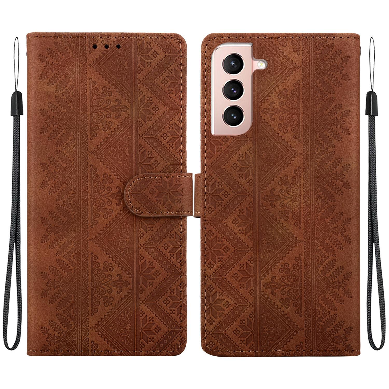 For Galaxy S22 5G Ethnic Pattern Embossed Vegan Leather Phone Case(Brown) - Shopkiz.com