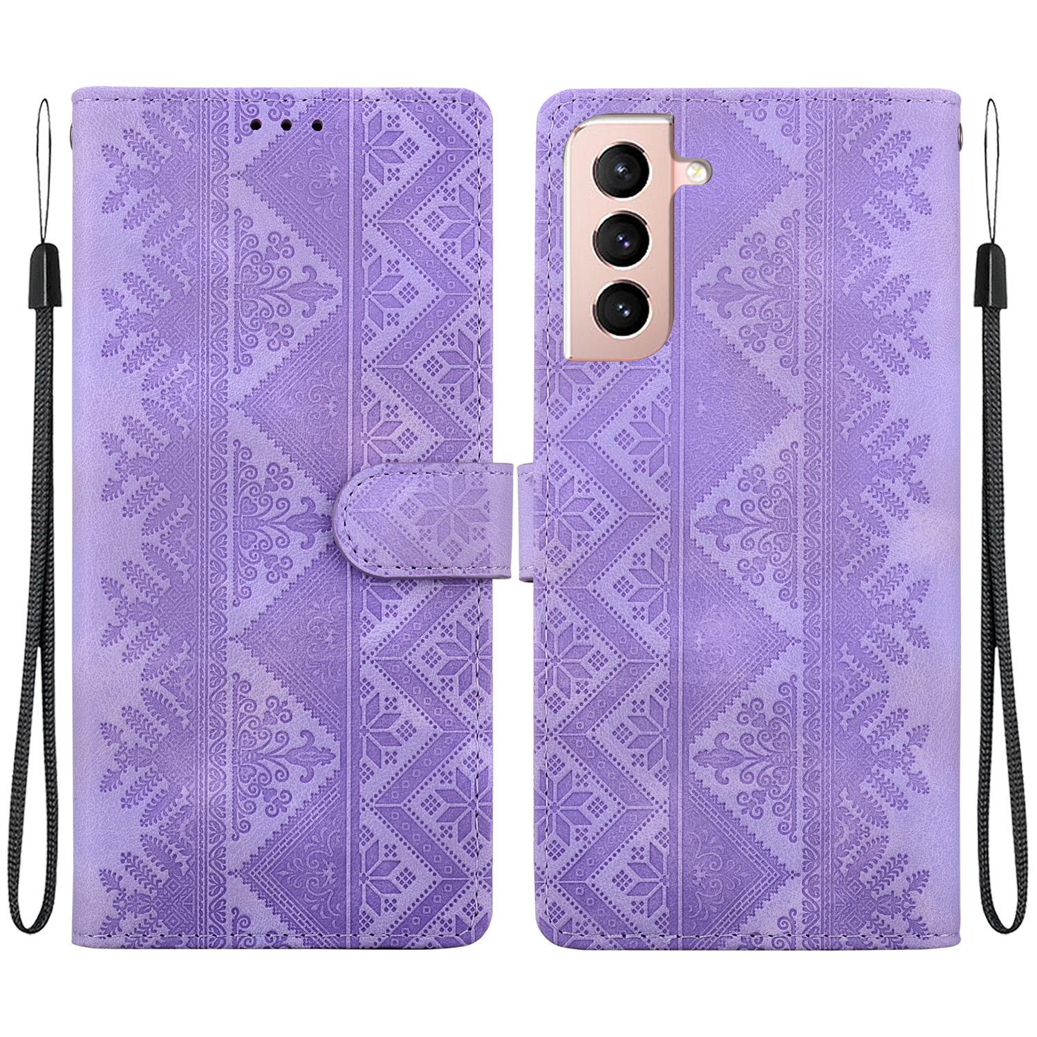 For Galaxy S22 5G Ethnic Pattern Embossed Vegan Leather Phone Case(Purple) - Shopkiz.com