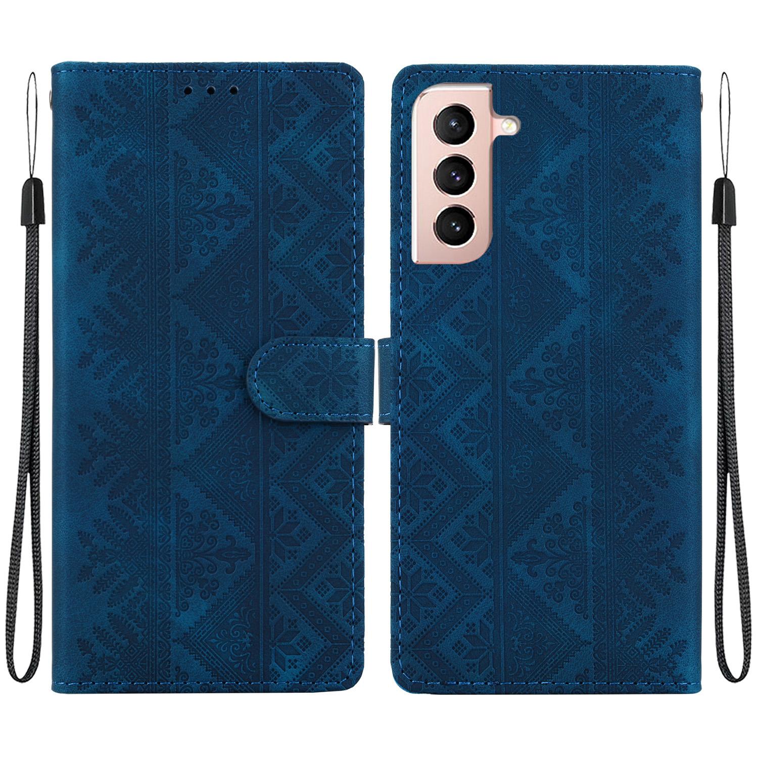 For Galaxy S22 5G Ethnic Pattern Embossed Vegan Leather Phone Case(Dark Blue) - Shopkiz.com