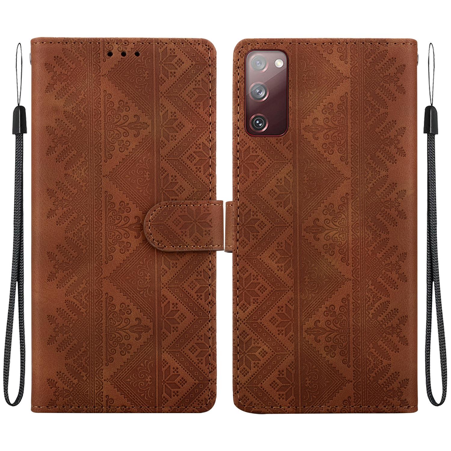 For Galaxy S20 FE Ethnic Pattern Embossed Vegan Leather Phone Case(Brown) - Shopkiz.com