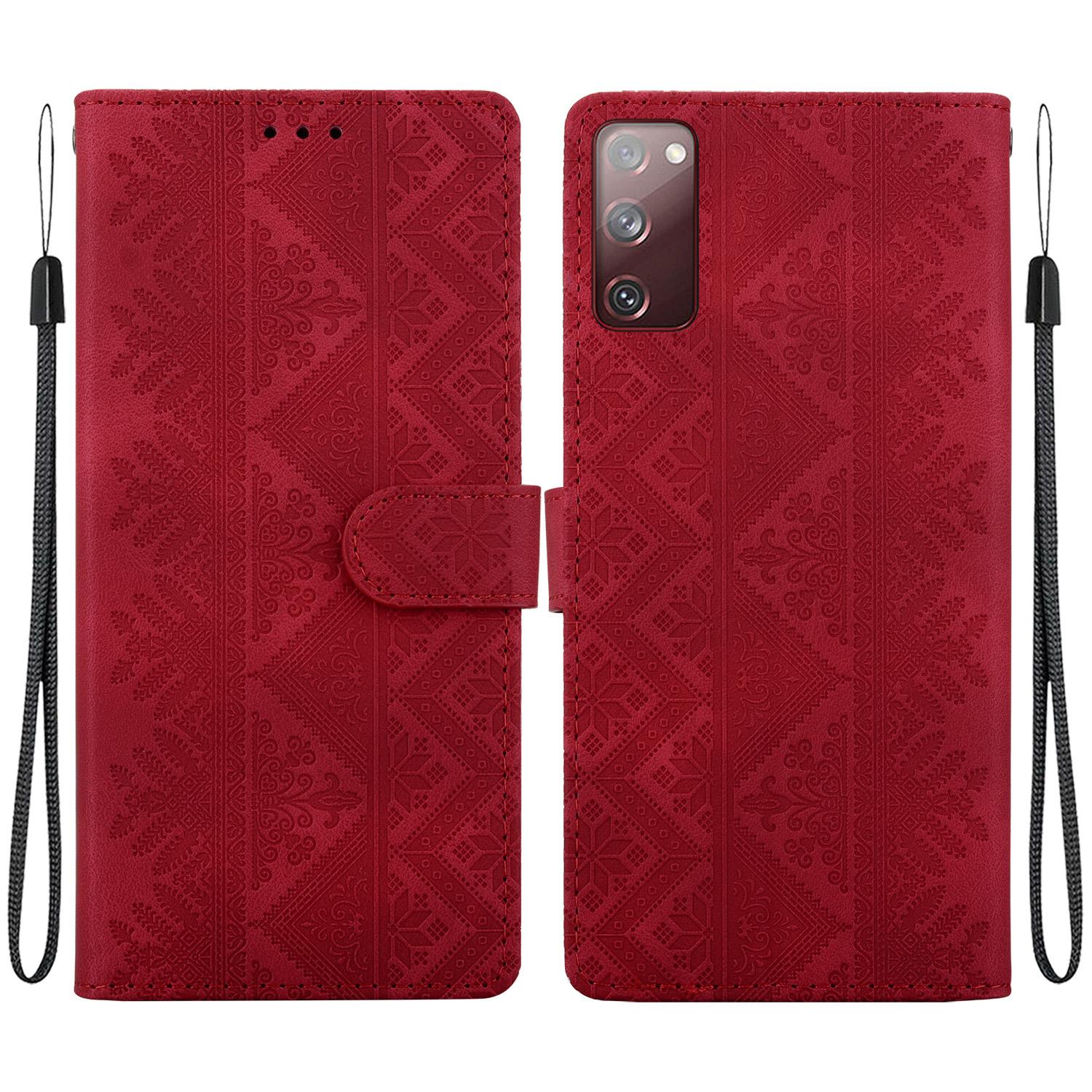 For Galaxy S20 FE Ethnic Pattern Embossed Vegan Leather Phone Case(Red) - Shopkiz.com