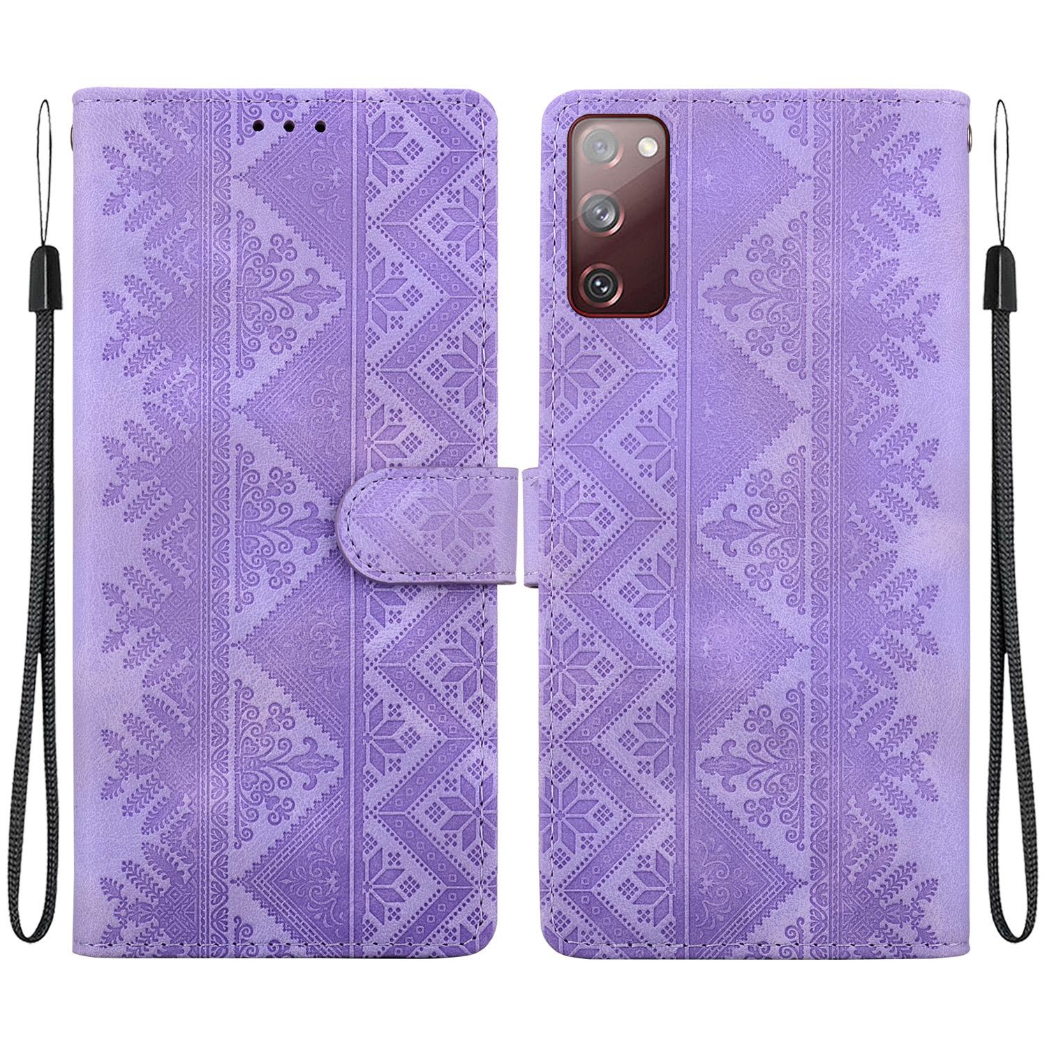 For Galaxy S20 FE Ethnic Pattern Embossed Vegan Leather Phone Case(Purple) - Shopkiz.com