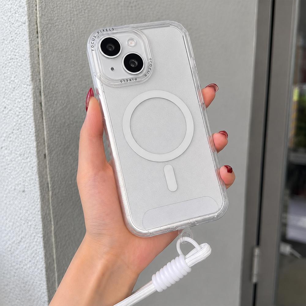 For iPhone 14 Glitter Letter Lens Frame Magnetic Phone Case with Wrist Strap(White) - Shopkiz.com