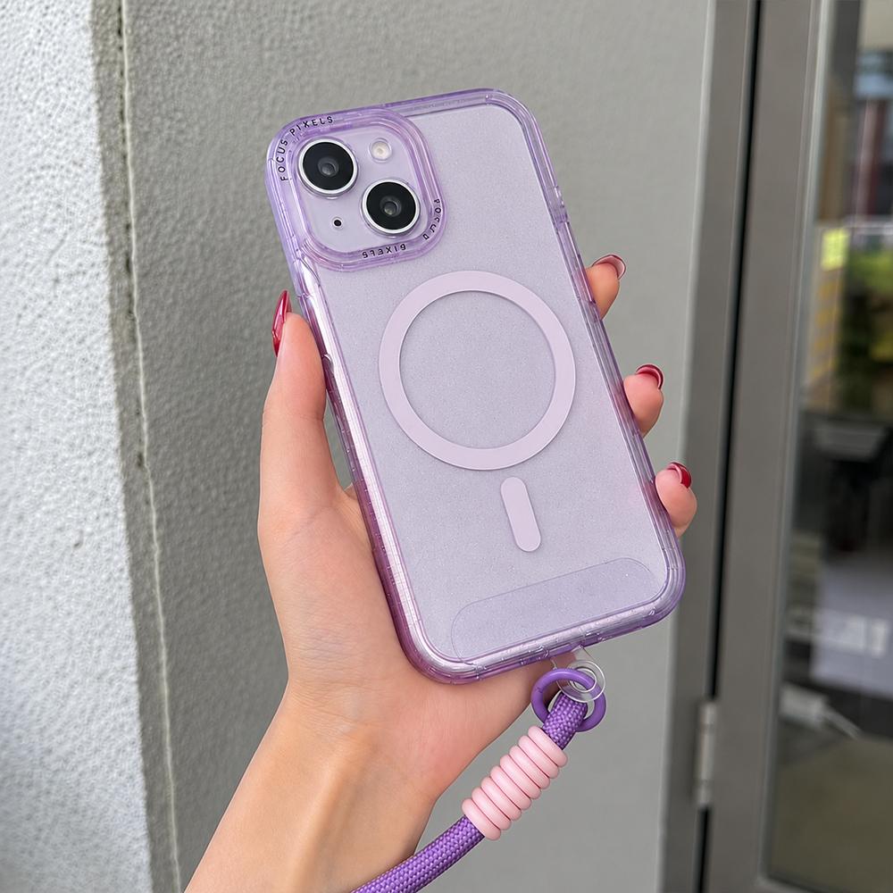 For iPhone 15 Glitter Letter Lens Frame Magnetic Phone Case with Wrist Strap(Purple) - Shopkiz.com