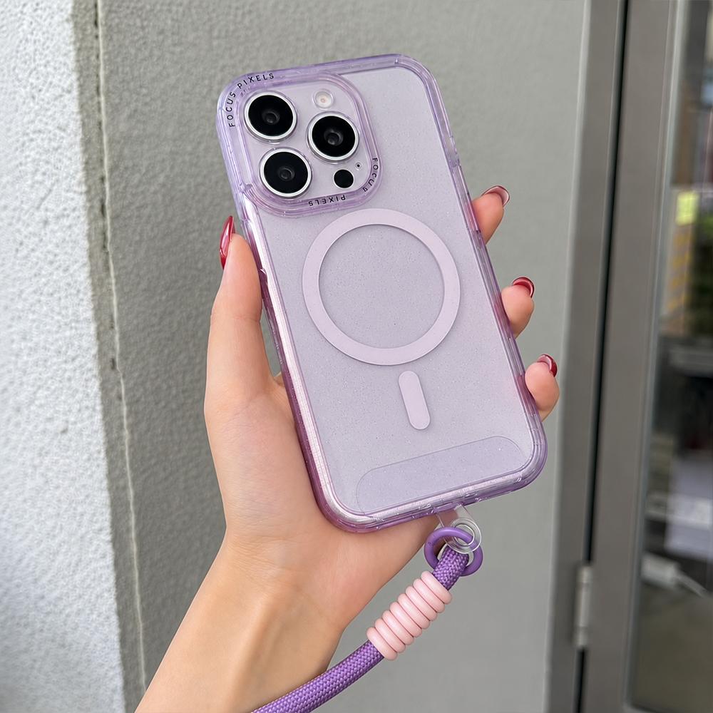For iPhone 15 Pro Glitter Letter Lens Frame Magnetic Phone Case with Wrist Strap(Purple) - Shopkiz.com