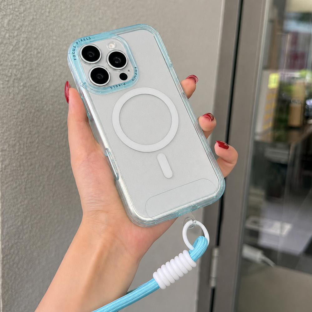 For iPhone 16 Pro Glitter Letter Lens Frame Magnetic Phone Case with Wrist Strap(Blue) - Shopkiz.com