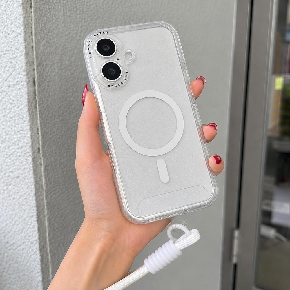 For iPhone 17 Glitter Letter Lens Frame Magnetic Phone Case with Wrist Strap(White) - Shopkiz.com