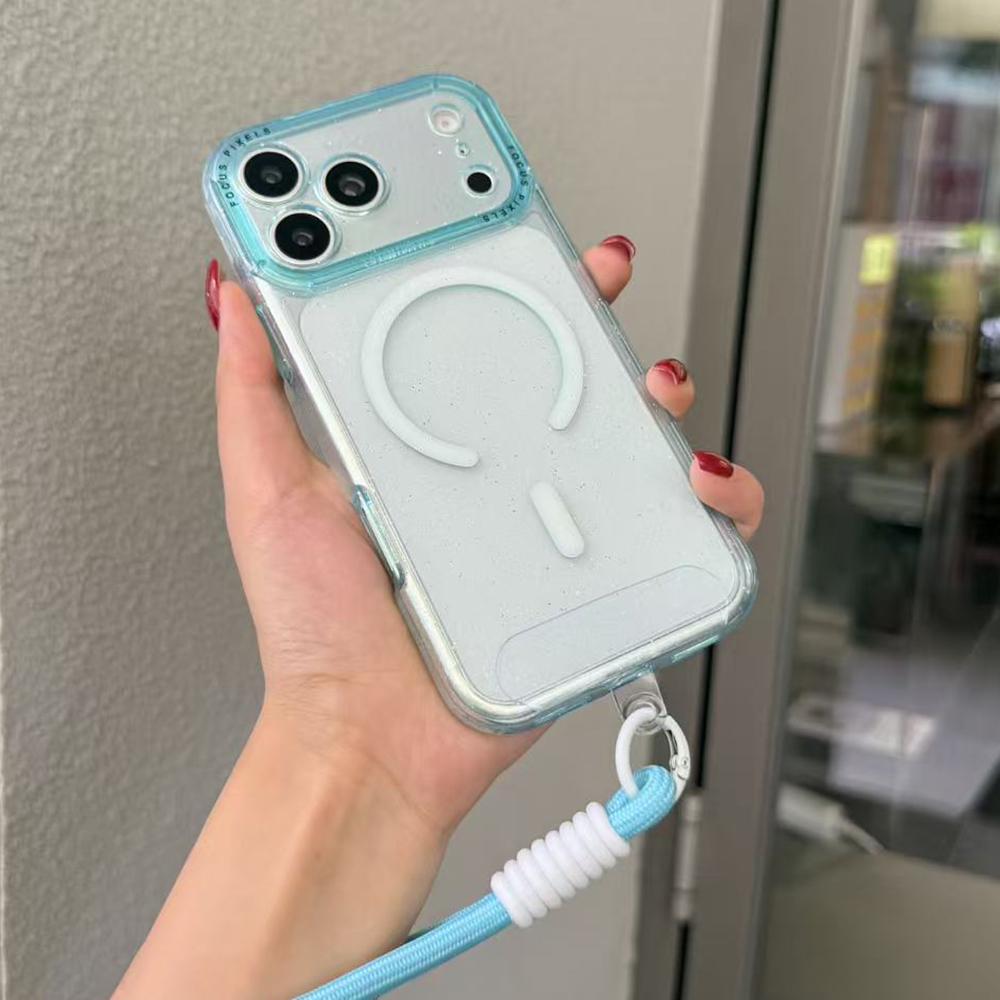 For iPhone 17 Pro Glitter Letter Lens Frame Magnetic Phone Case with Wrist Strap(Blue) - Shopkiz.com