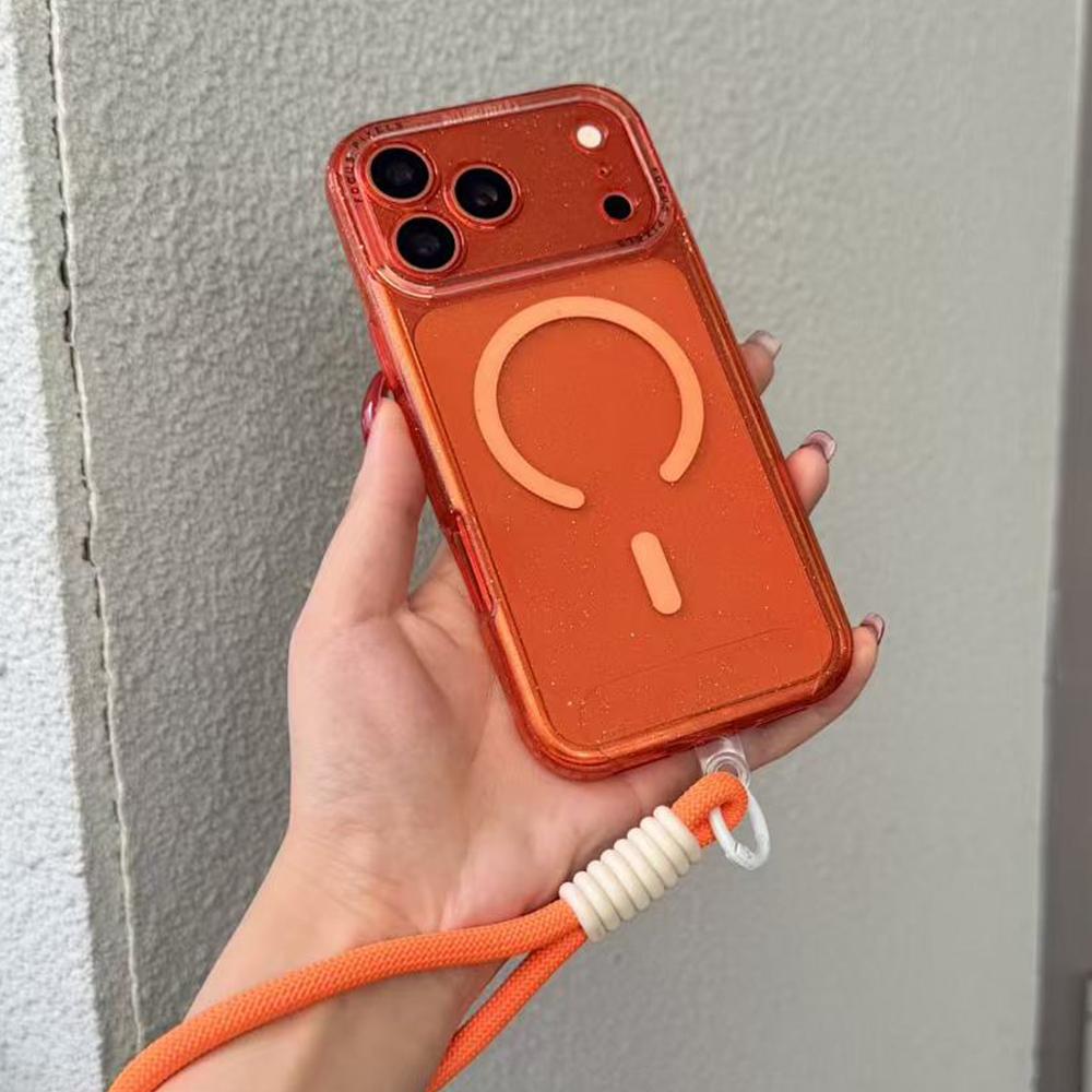 For iPhone 17 Pro Max Glitter Letter Lens Frame Magnetic Phone Case with Wrist Strap(Orange) - Shopkiz.com