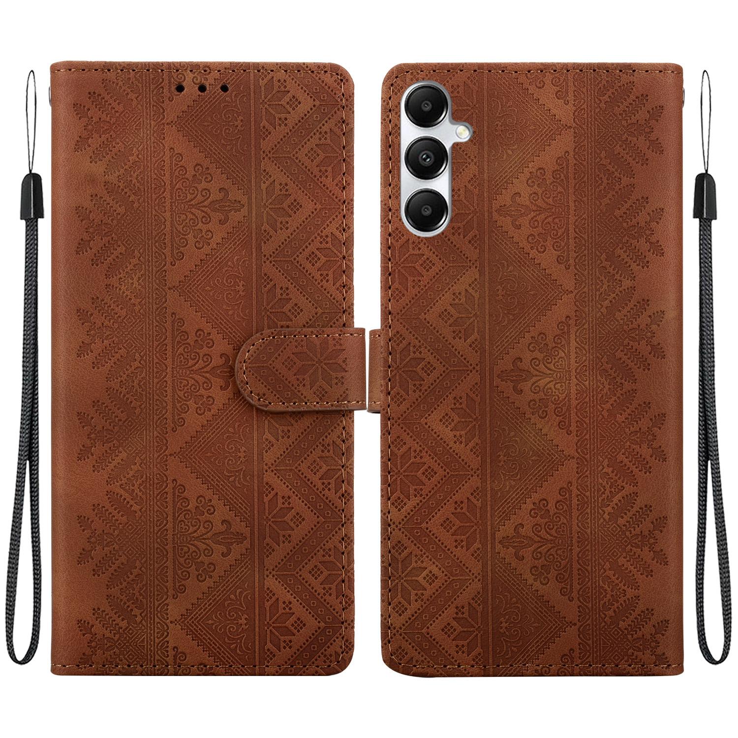 For Galaxy A05s Ethnic Pattern Embossed Vegan Leather Phone Case(Brown) - Shopkiz.com