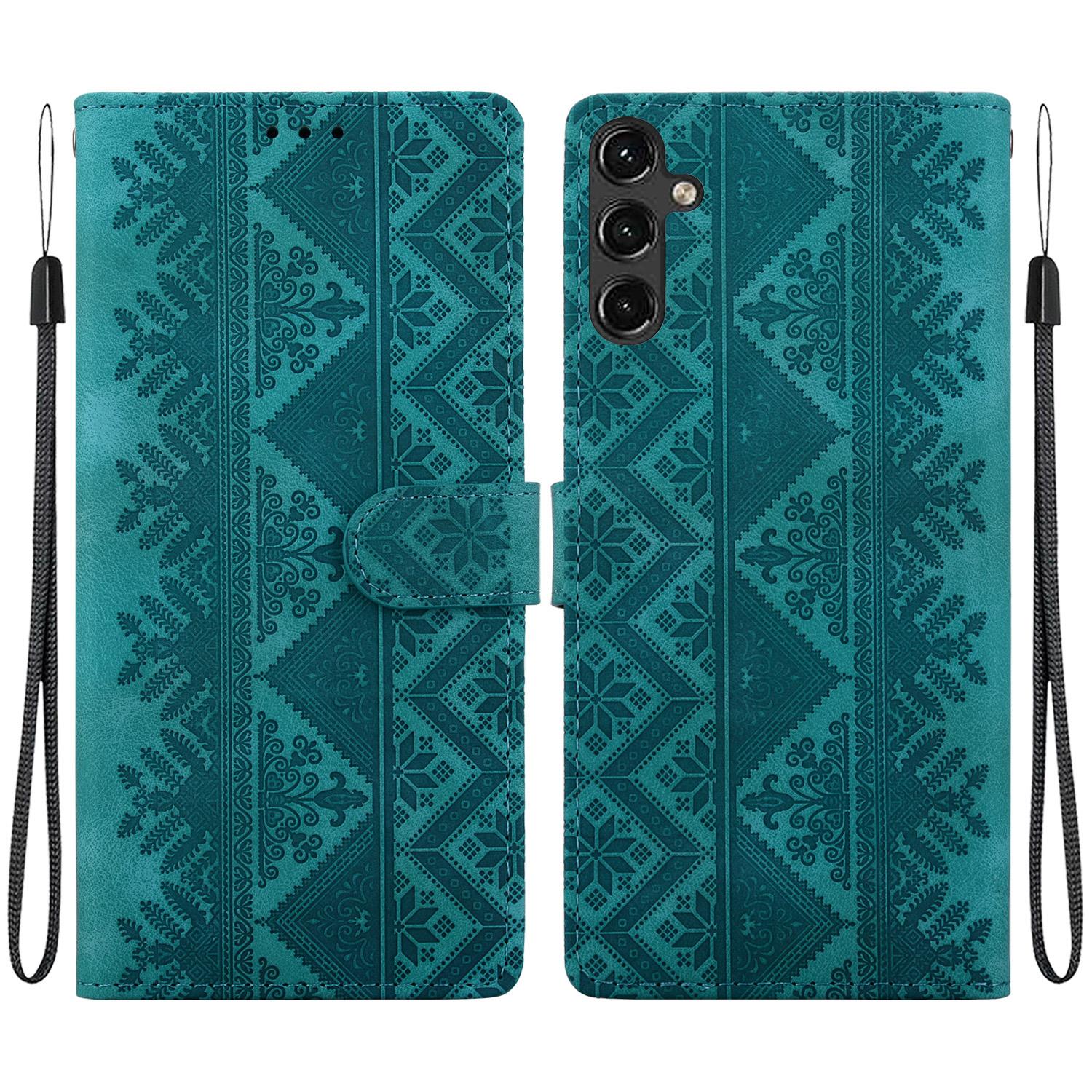 For Galaxy A14 4G / 5G Ethnic Pattern Embossed Vegan Leather Phone Case(Green) - Shopkiz.com