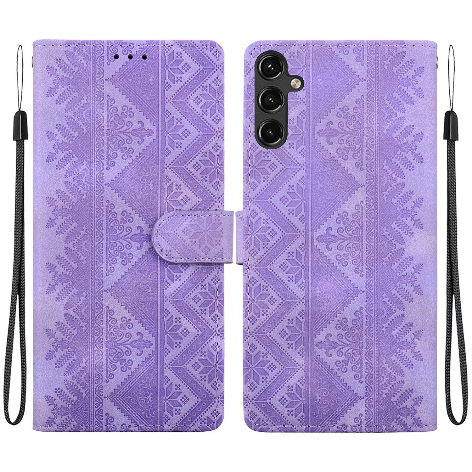 For Galaxy A14 4G / 5G Ethnic Pattern Embossed Vegan Leather Phone Case(Purple) - Shopkiz.com