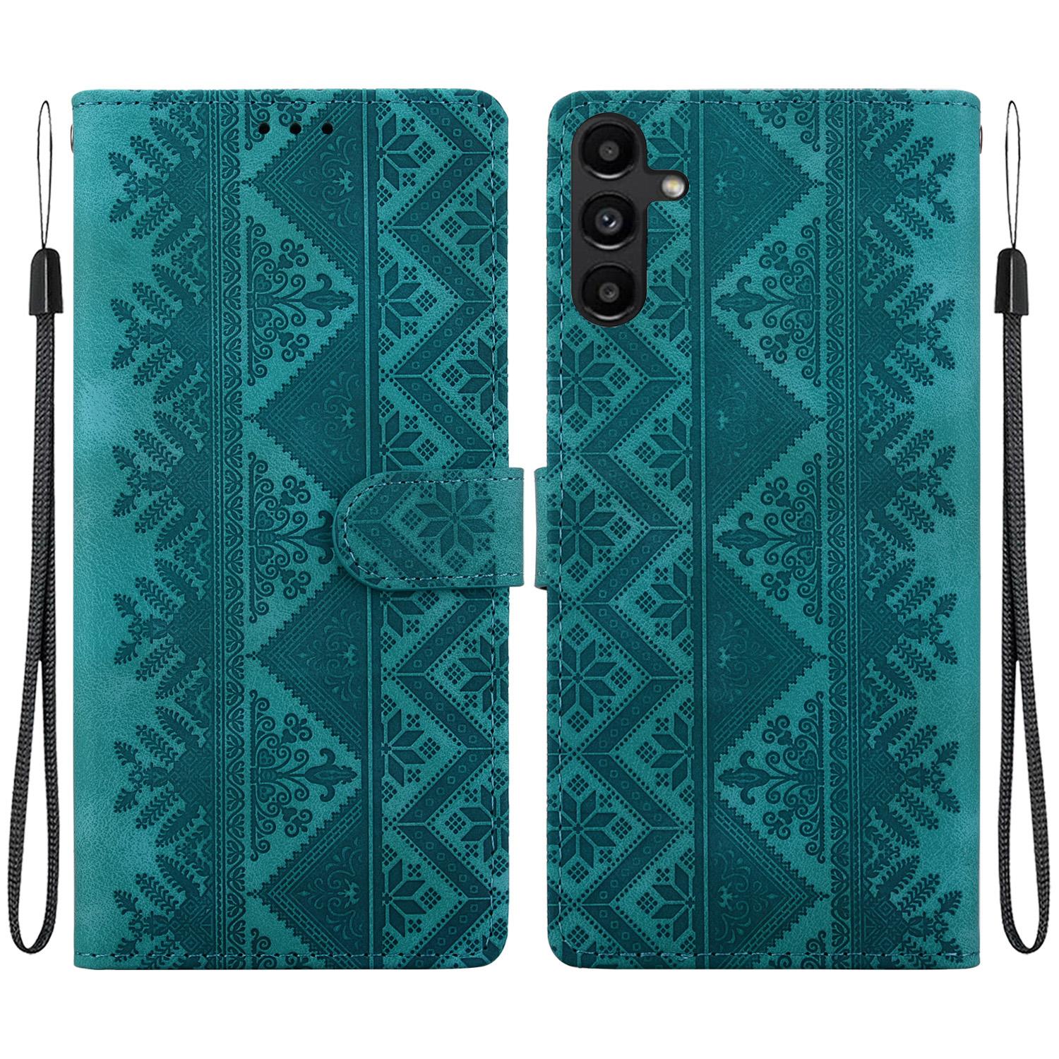 For Galaxy A15 4G / 5G Ethnic Pattern Embossed Vegan Leather Phone Case(Green) - Shopkiz.com