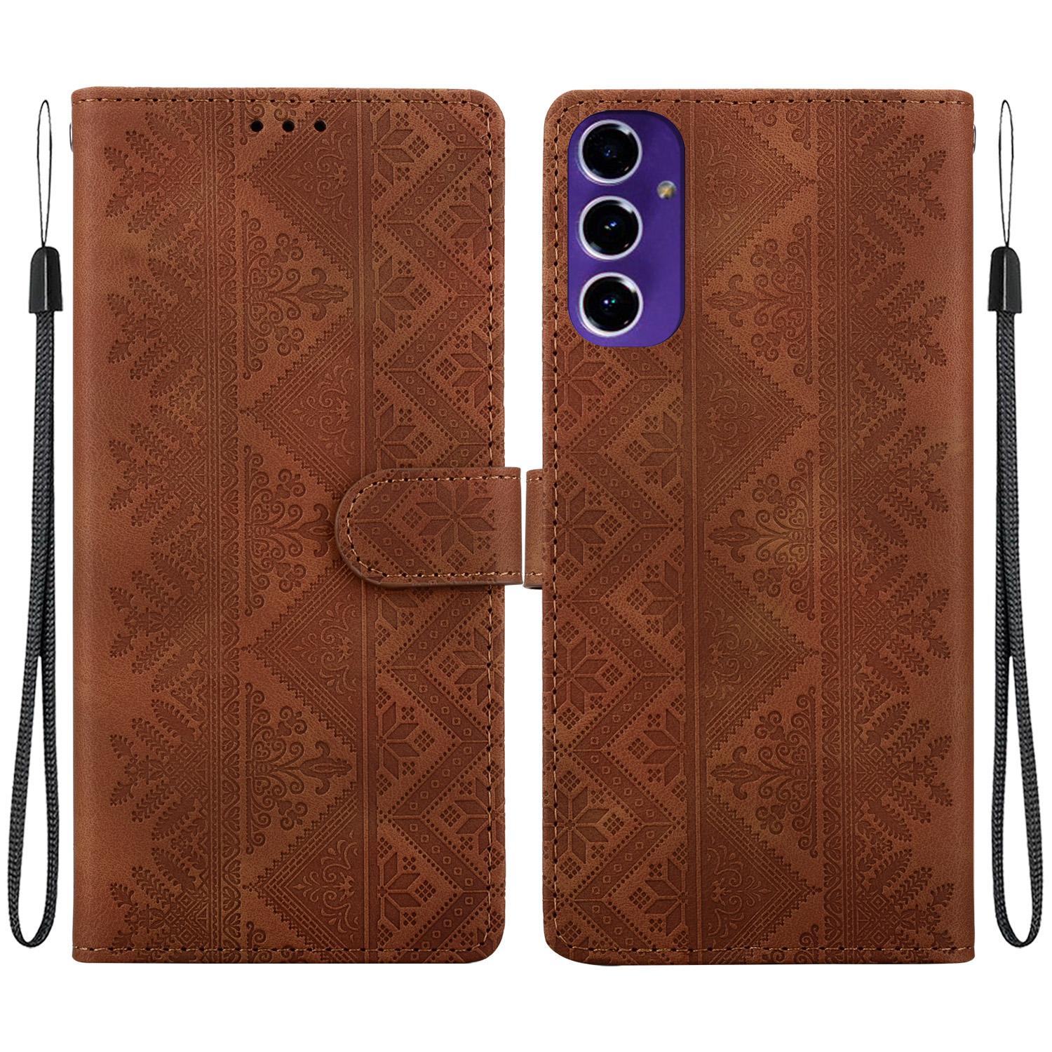 For Galaxy A16 4G / 5G Ethnic Pattern Embossed Vegan Leather Phone Case(Brown) - Shopkiz.com