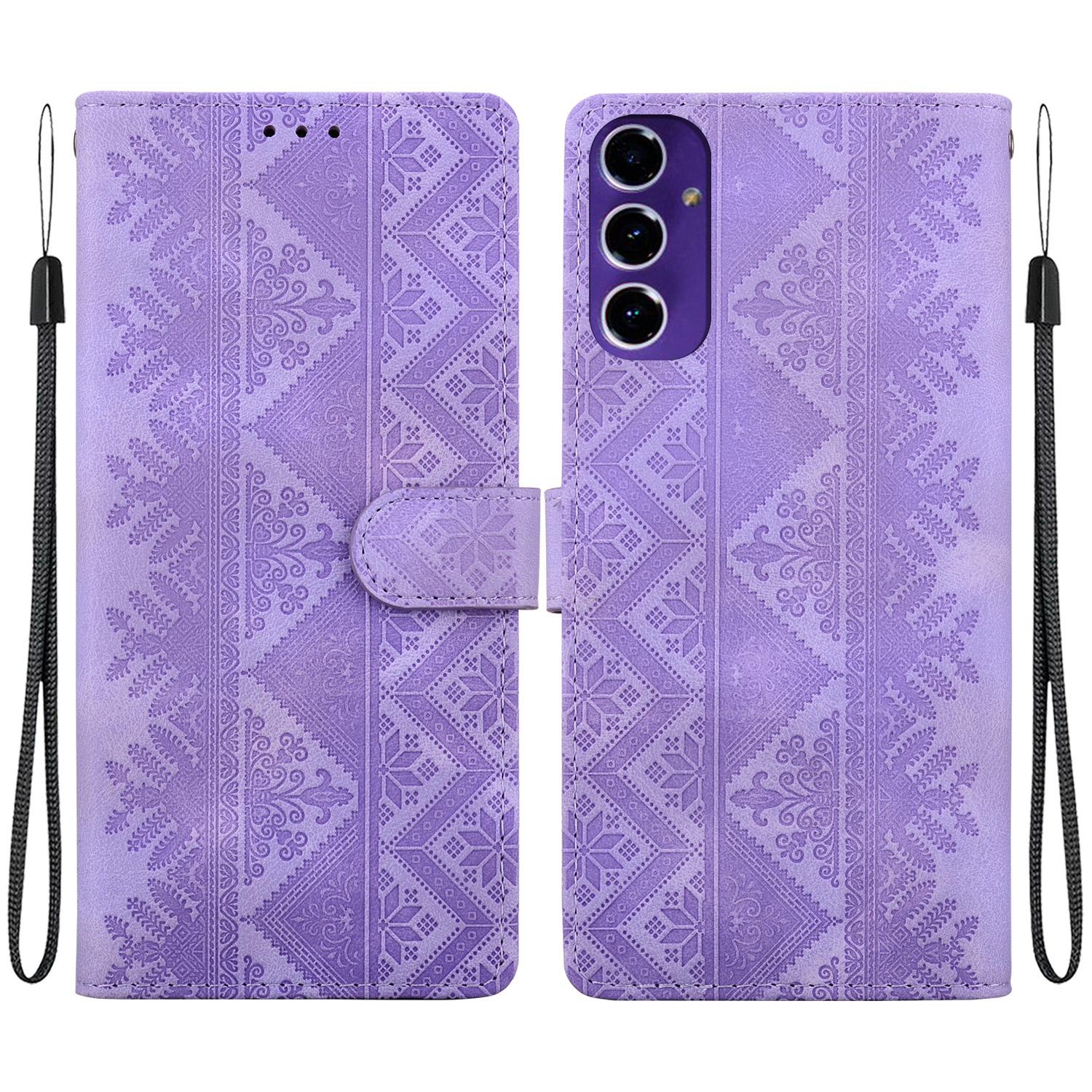 For Galaxy A16 4G / 5G Ethnic Pattern Embossed Vegan Leather Phone Case(Purple) - Shopkiz.com