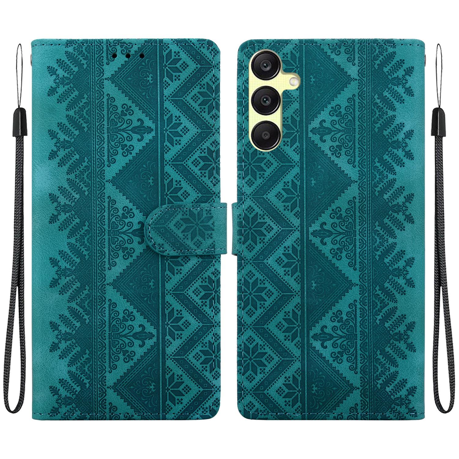 For Galaxy A25 5G Ethnic Pattern Embossed Vegan Leather Phone Case(Green) - Shopkiz.com