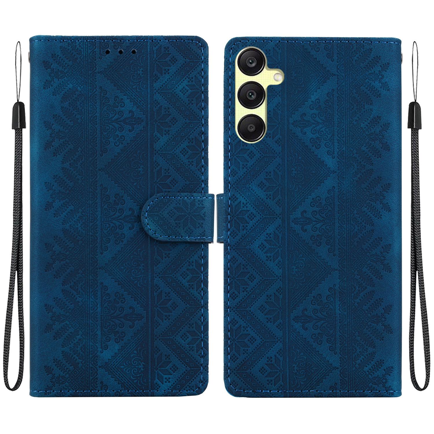 For Galaxy A25 5G Ethnic Pattern Embossed Vegan Leather Phone Case(Dark Blue) - Shopkiz.com