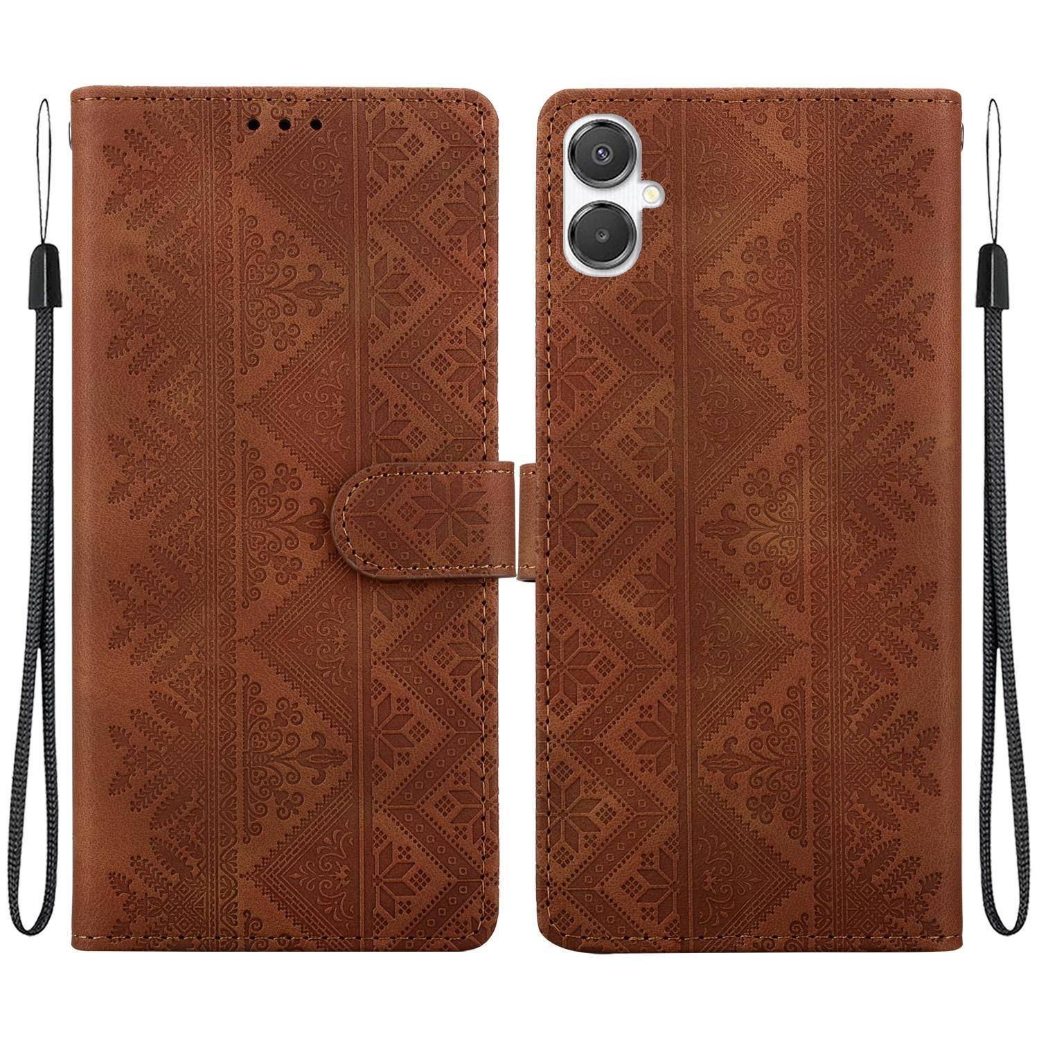 For Galaxy A25e 5G JP Ethnic Pattern Embossed Vegan Leather Phone Case(Brown) - Shopkiz.com