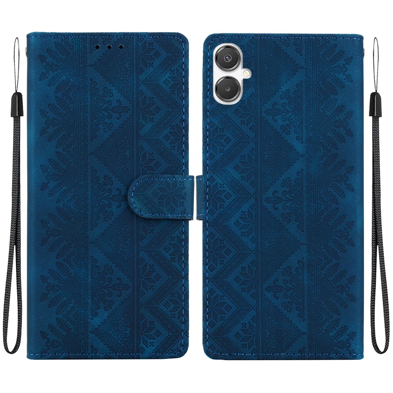 For Galaxy A25e 5G JP Ethnic Pattern Embossed Vegan Leather Phone Case(Dark Blue) - Shopkiz.com