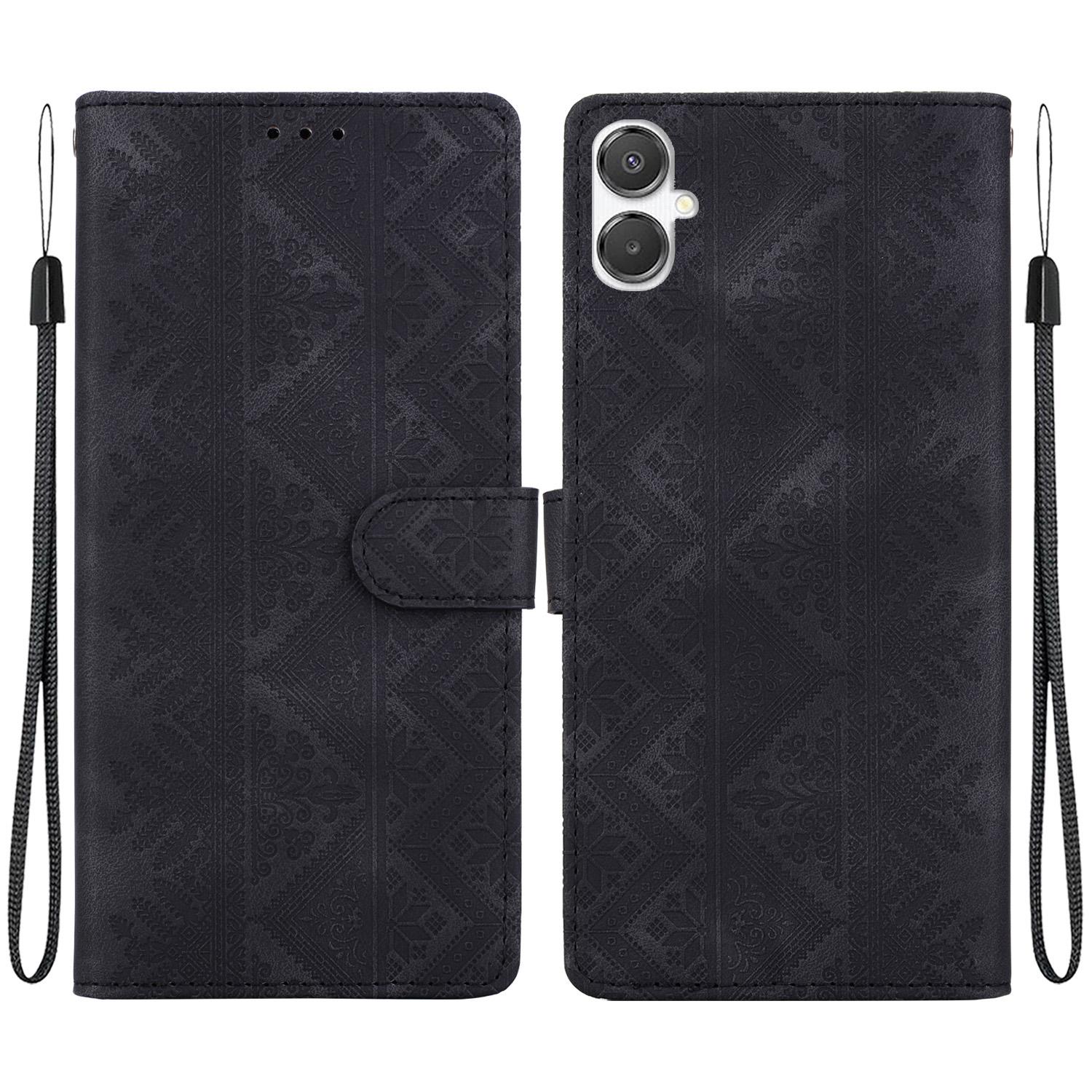 For Galaxy A25e 5G JP Ethnic Pattern Embossed Vegan Leather Phone Case(Black) - Shopkiz.com