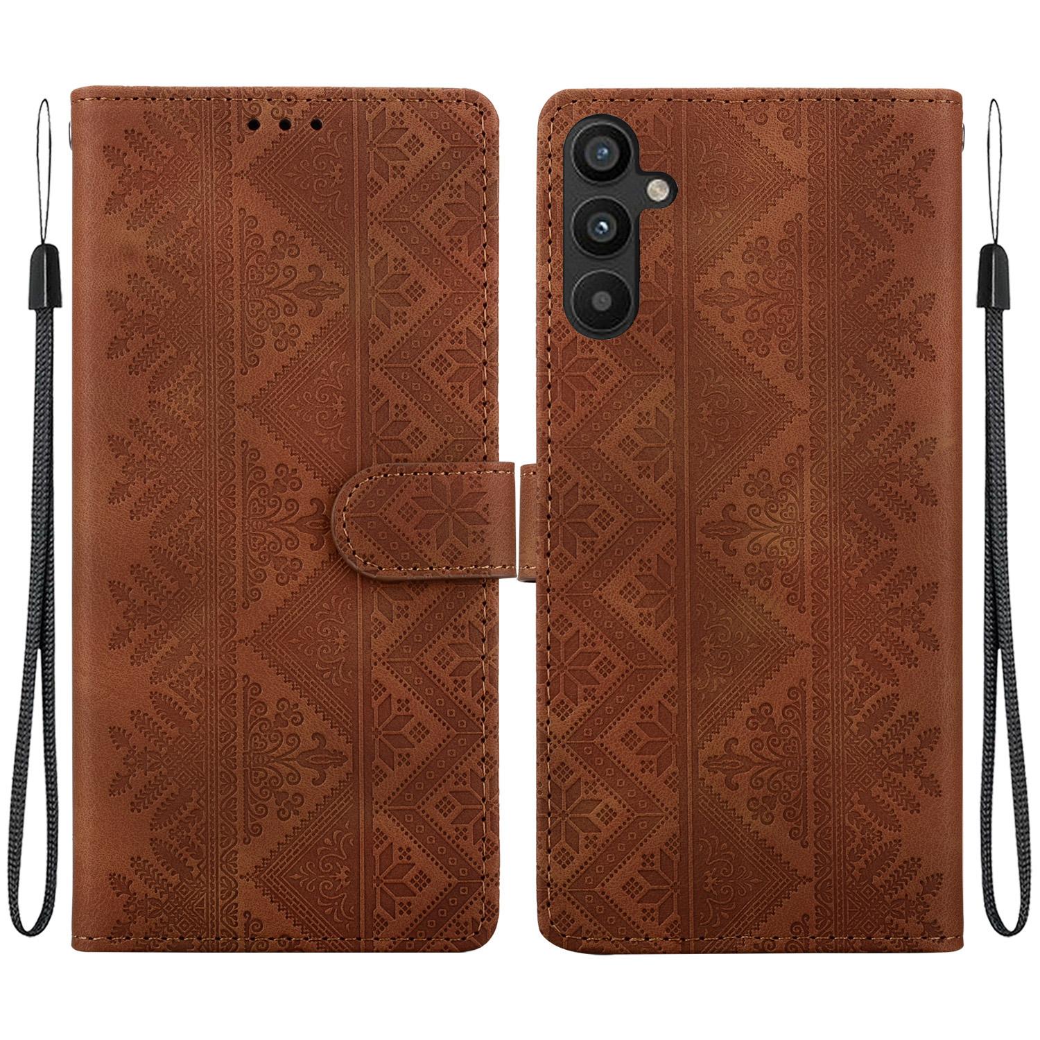 For Galaxy A34 5G Ethnic Pattern Embossed Vegan Leather Phone Case(Brown) - Shopkiz.com