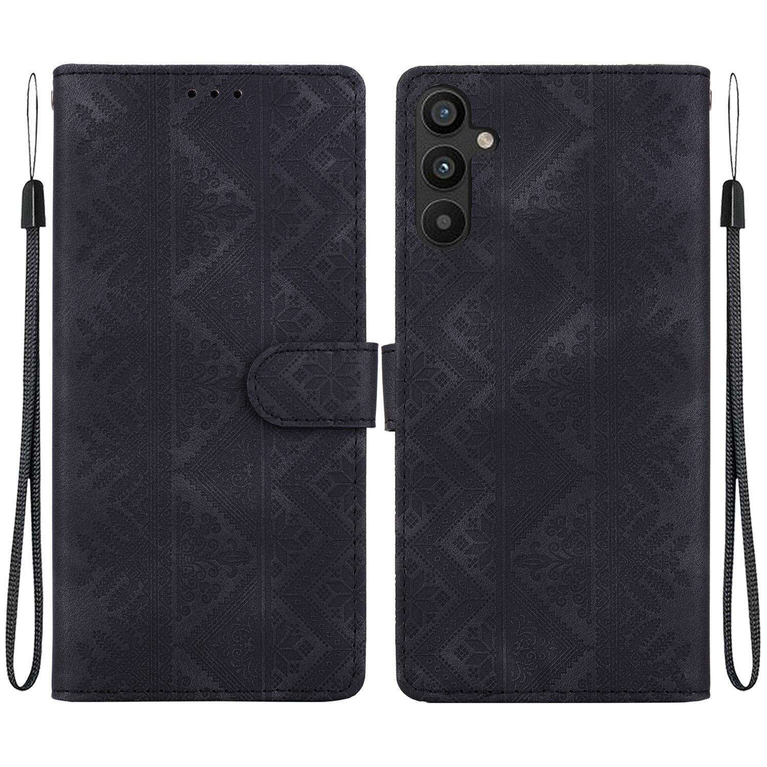 For Galaxy A34 5G Ethnic Pattern Embossed Vegan Leather Phone Case(Black) - Shopkiz.com