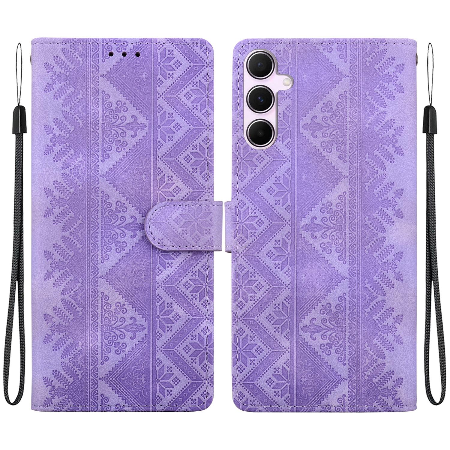For Galaxy A55 5G Ethnic Pattern Embossed Vegan Leather Phone Case(Purple) - Shopkiz.com