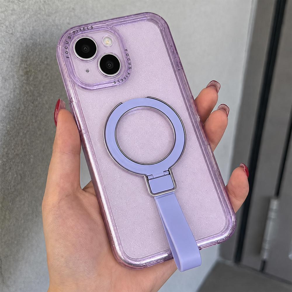 For iPhone 13 Glitter Letter Lens Frame Magnetic Phone Case with Holder(Purple) - Shopkiz.com
