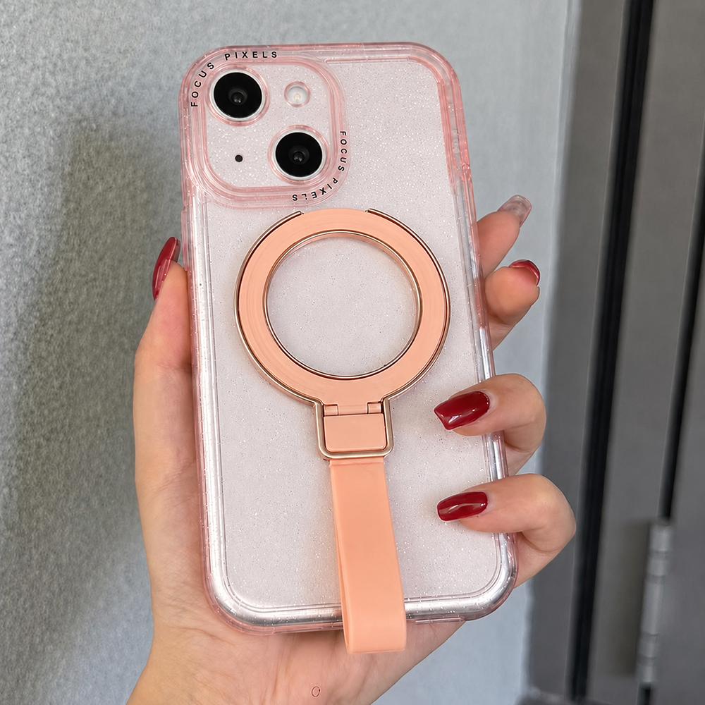 For iPhone 14 Glitter Letter Lens Frame Magnetic Phone Case with Holder(Pink) - Shopkiz.com