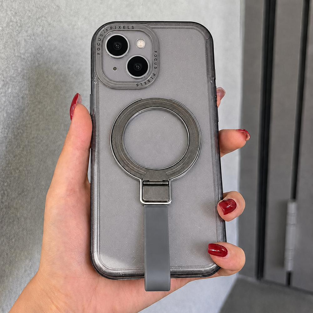 For iPhone 14 Glitter Letter Lens Frame Magnetic Phone Case with Holder(Black) - Shopkiz.com
