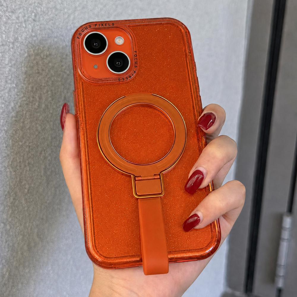 For iPhone 14 Glitter Letter Lens Frame Magnetic Phone Case with Holder(Orange) - Shopkiz.com