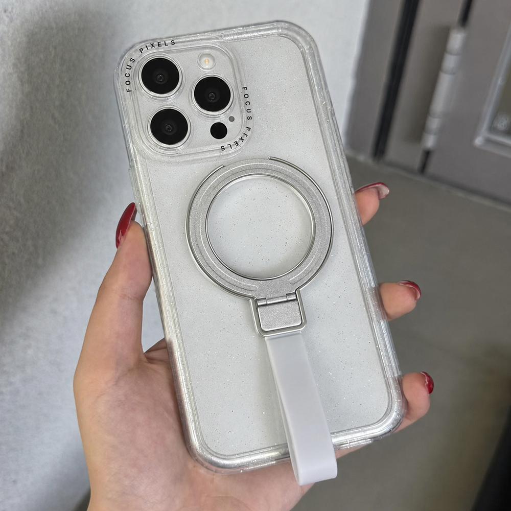 For iPhone 14 Pro Glitter Letter Lens Frame Magnetic Phone Case with Holder(White) - Shopkiz.com