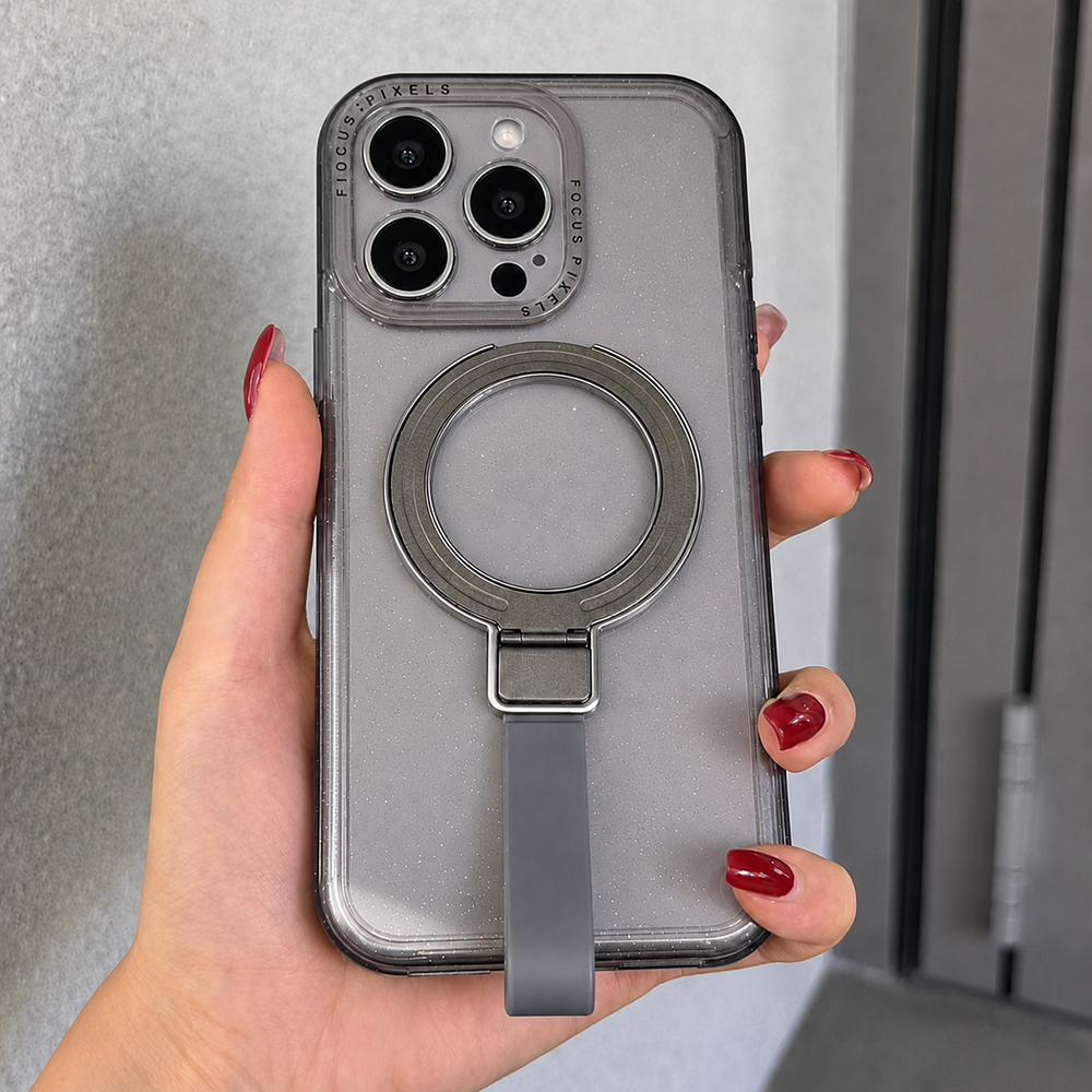 For iPhone 14 Pro Max Glitter Letter Lens Frame Magnetic Phone Case with Holder(Black) - Shopkiz.com