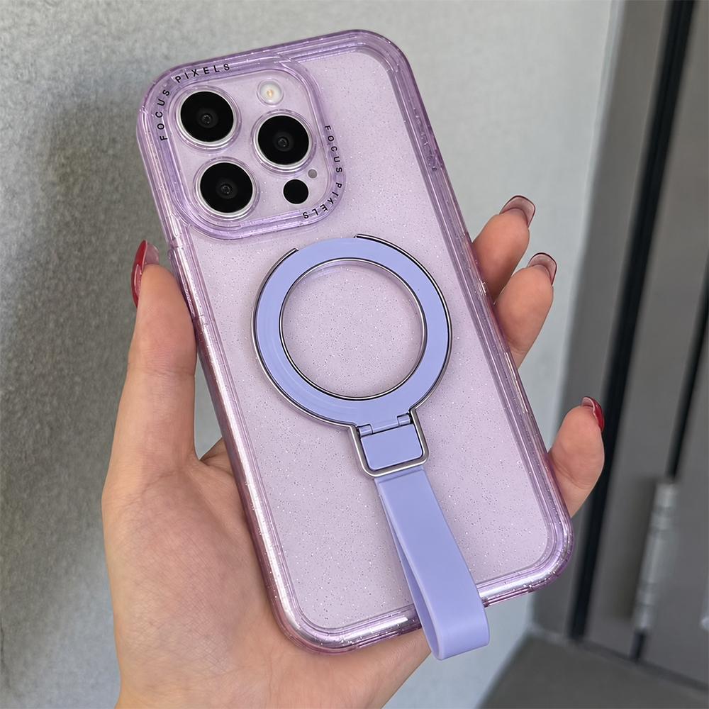 For iPhone 14 Pro Max Glitter Letter Lens Frame Magnetic Phone Case with Holder(Purple) - Shopkiz.com