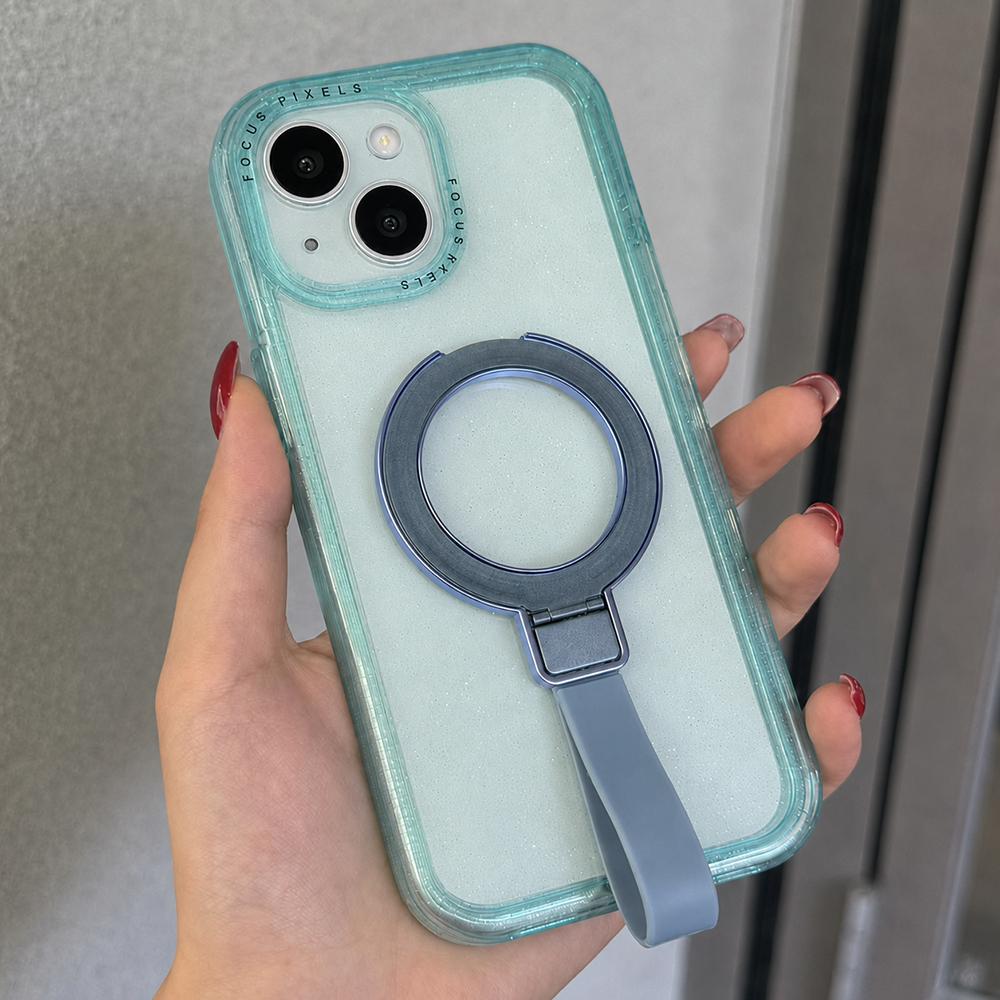 For iPhone 15 Glitter Letter Lens Frame Magnetic Phone Case with Holder(Blue) - Shopkiz.com