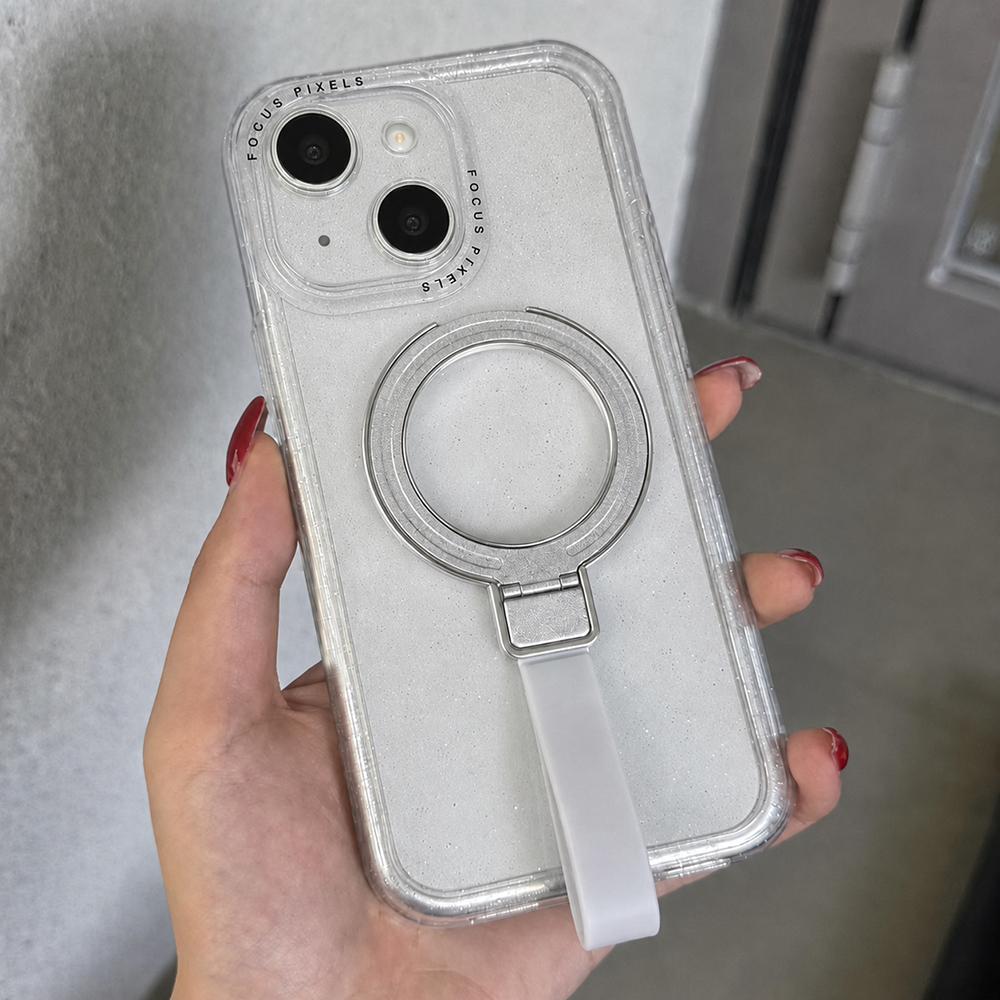 For iPhone 15 Glitter Letter Lens Frame Magnetic Phone Case with Holder(White) - Shopkiz.com