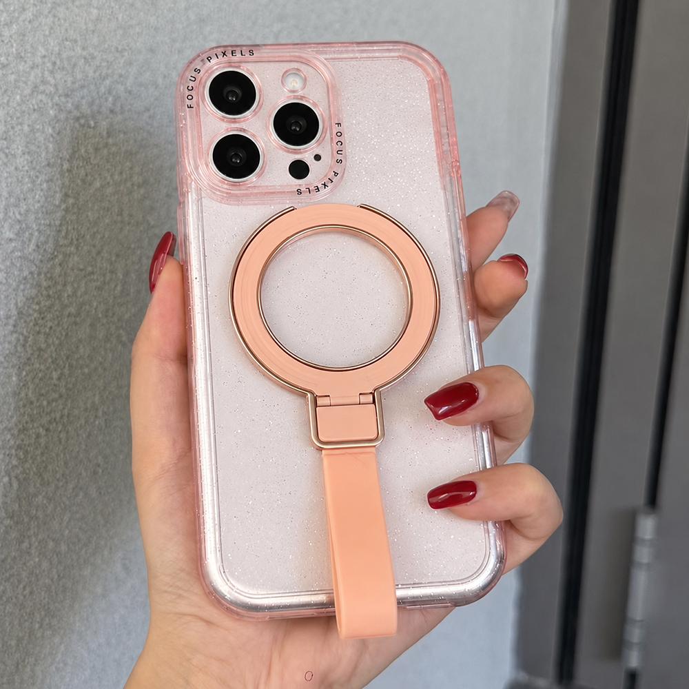 For iPhone 15 Pro Glitter Letter Lens Frame Magnetic Phone Case with Holder(Pink) - Shopkiz.com