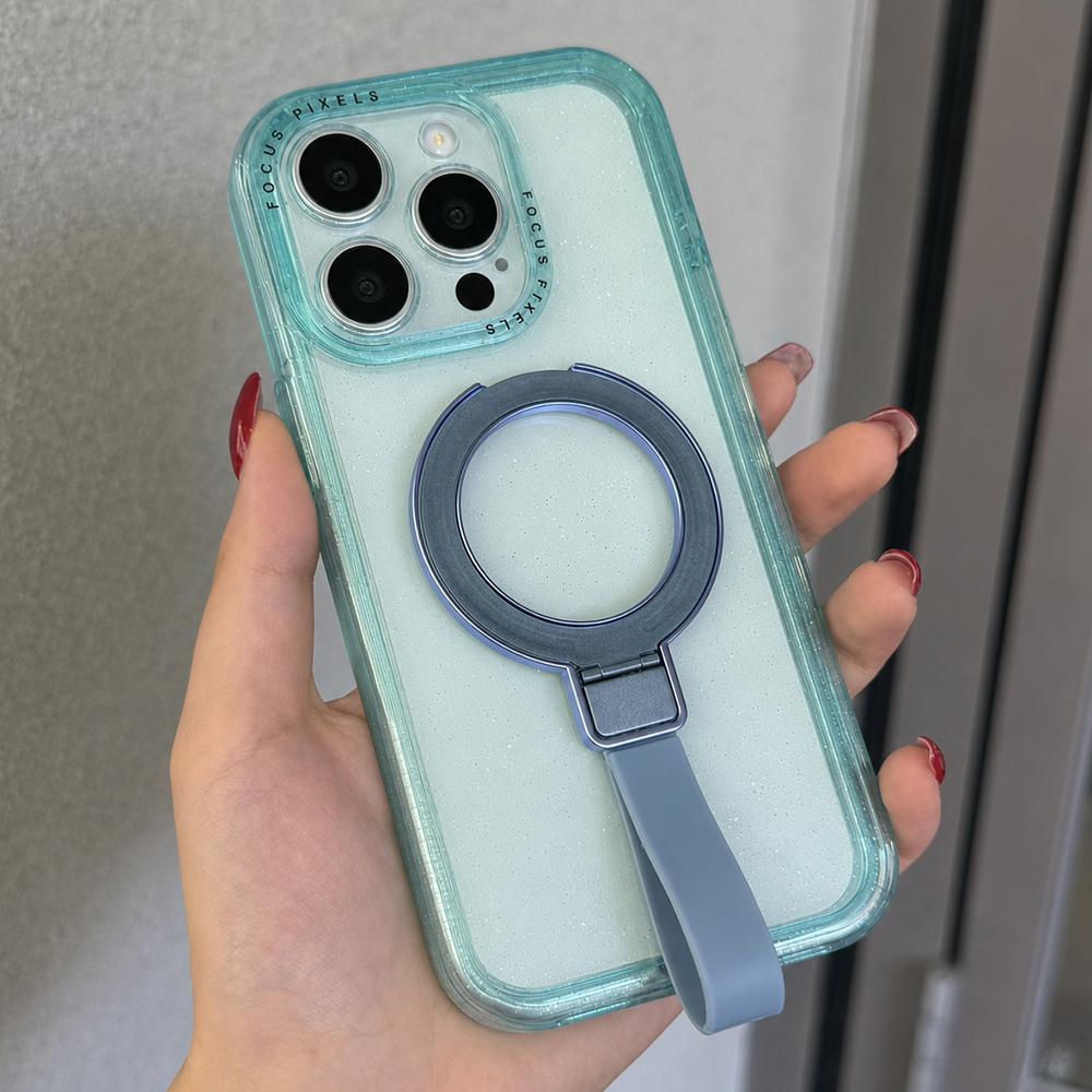For iPhone 15 Pro Glitter Letter Lens Frame Magnetic Phone Case with Holder(Blue) - Shopkiz.com