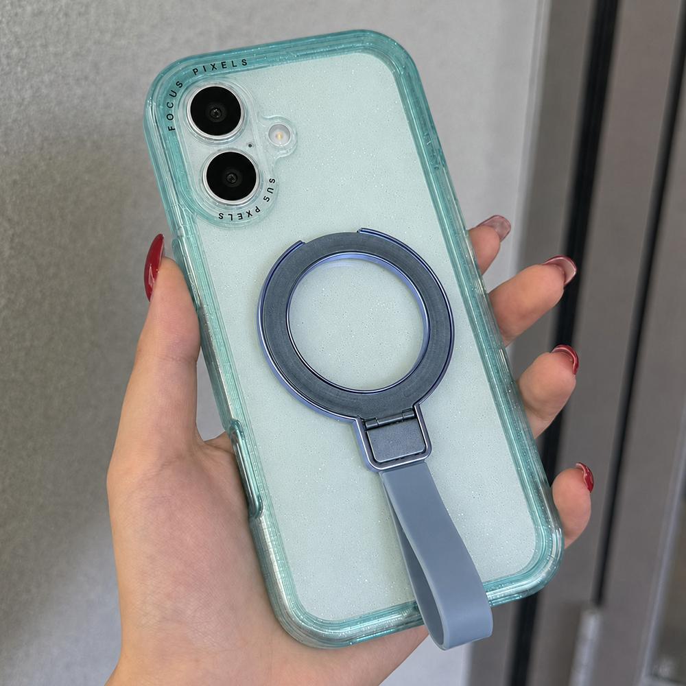 For iPhone 17 Glitter Letter Lens Frame Magnetic Phone Case with Holder(Blue) - Shopkiz.com