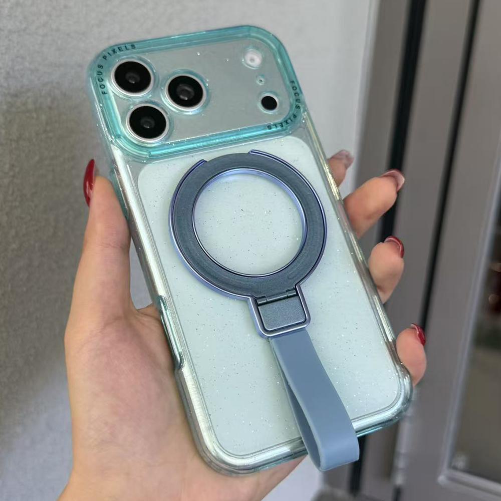 For iPhone 17 Pro Glitter Letter Lens Frame Magnetic Phone Case with Holder(Blue) - Shopkiz.com