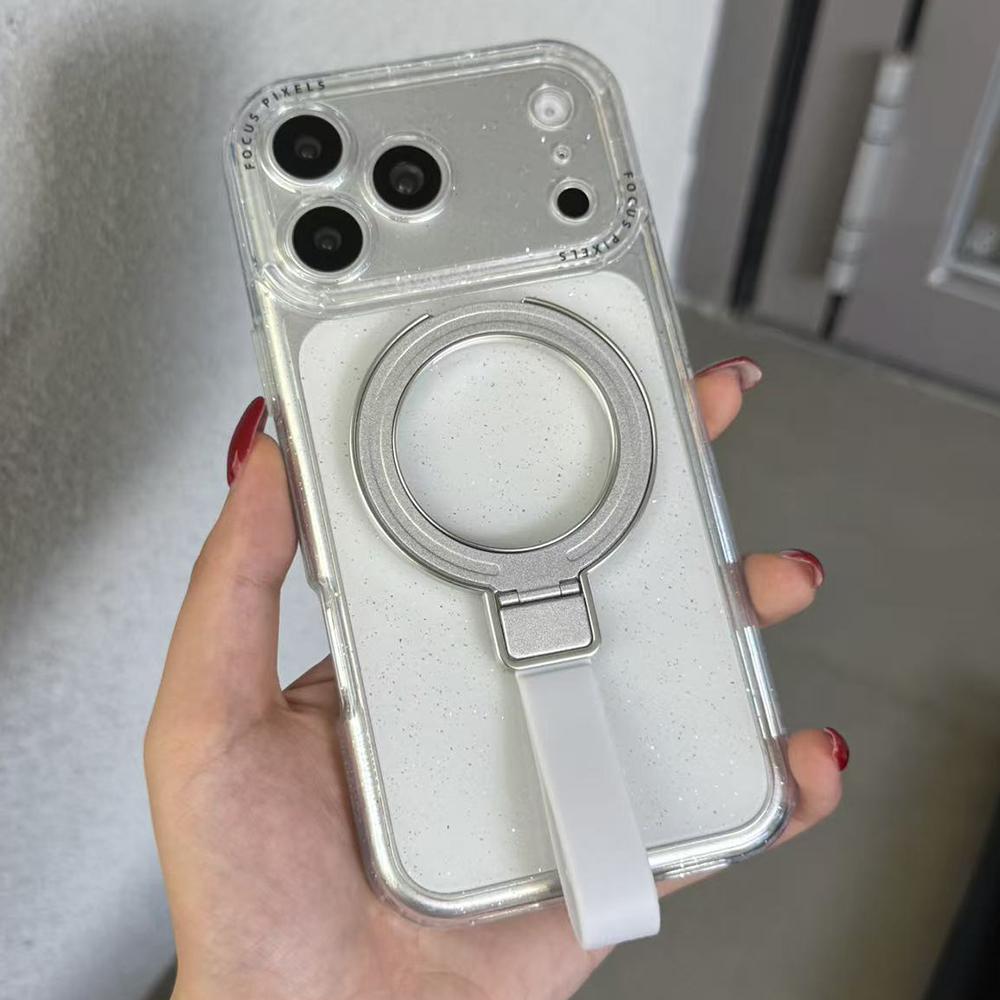 For iPhone 17 Pro Glitter Letter Lens Frame Magnetic Phone Case with Holder(White) - Shopkiz.com