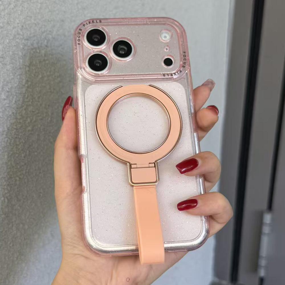 For iPhone 17 Pro Max Glitter Letter Lens Frame Magnetic Phone Case with Holder(Pink) - Shopkiz.com