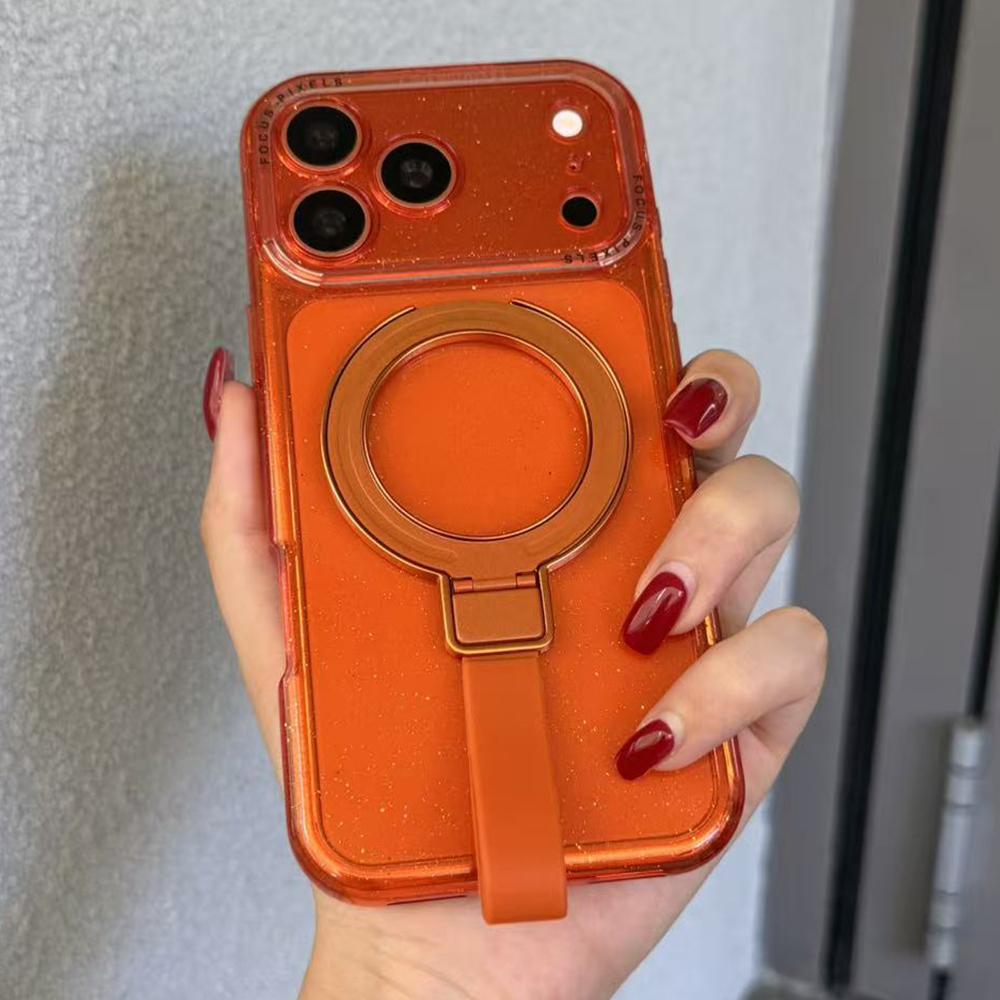 For iPhone 17 Pro Max Glitter Letter Lens Frame Magnetic Phone Case with Holder(Orange) - Shopkiz.com